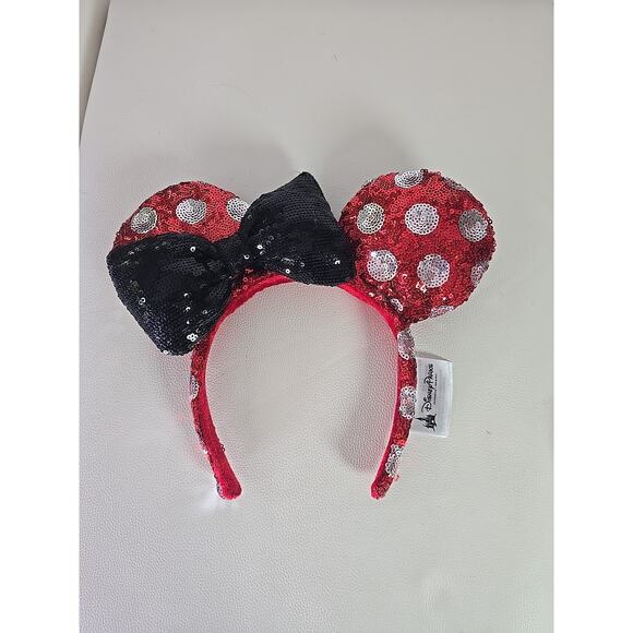 Disney Parks Polka Dot Red Bow Minnie Mickey Mouse Sequin Black Ears Headband US - Picture 1 of 8